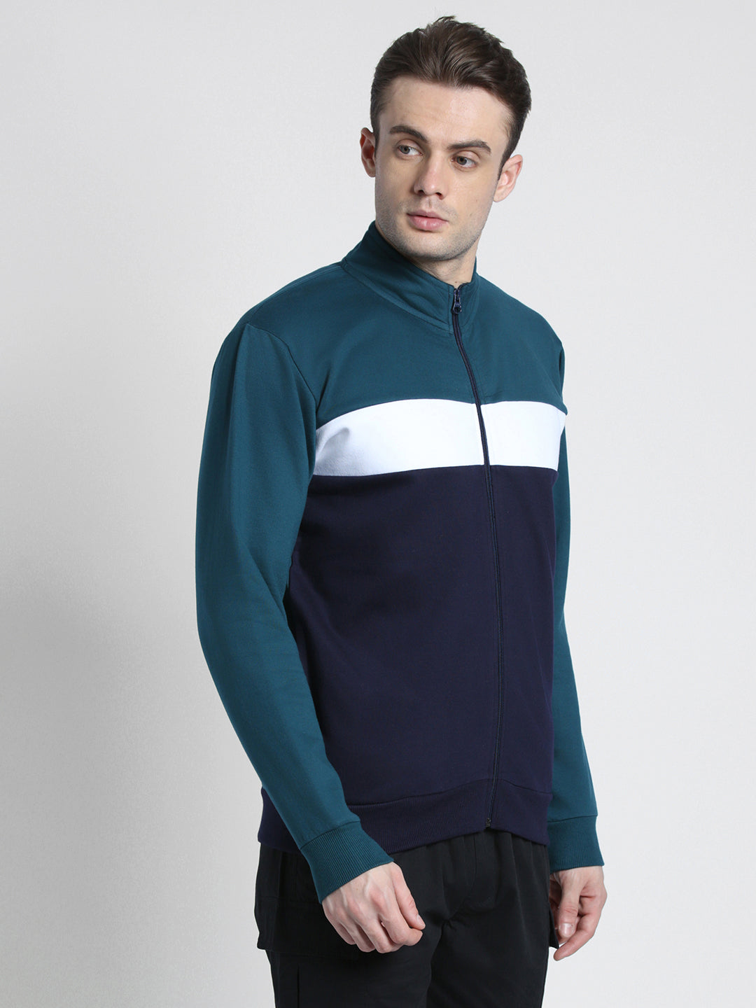Men's Navy Mock Neck Full Sleeves zipper front Sweatshirt