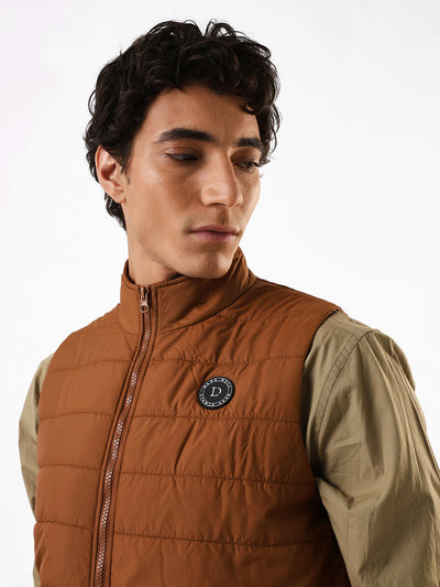 Men's Brown Solid Mock Neck Sleeveless Gilet Jacket