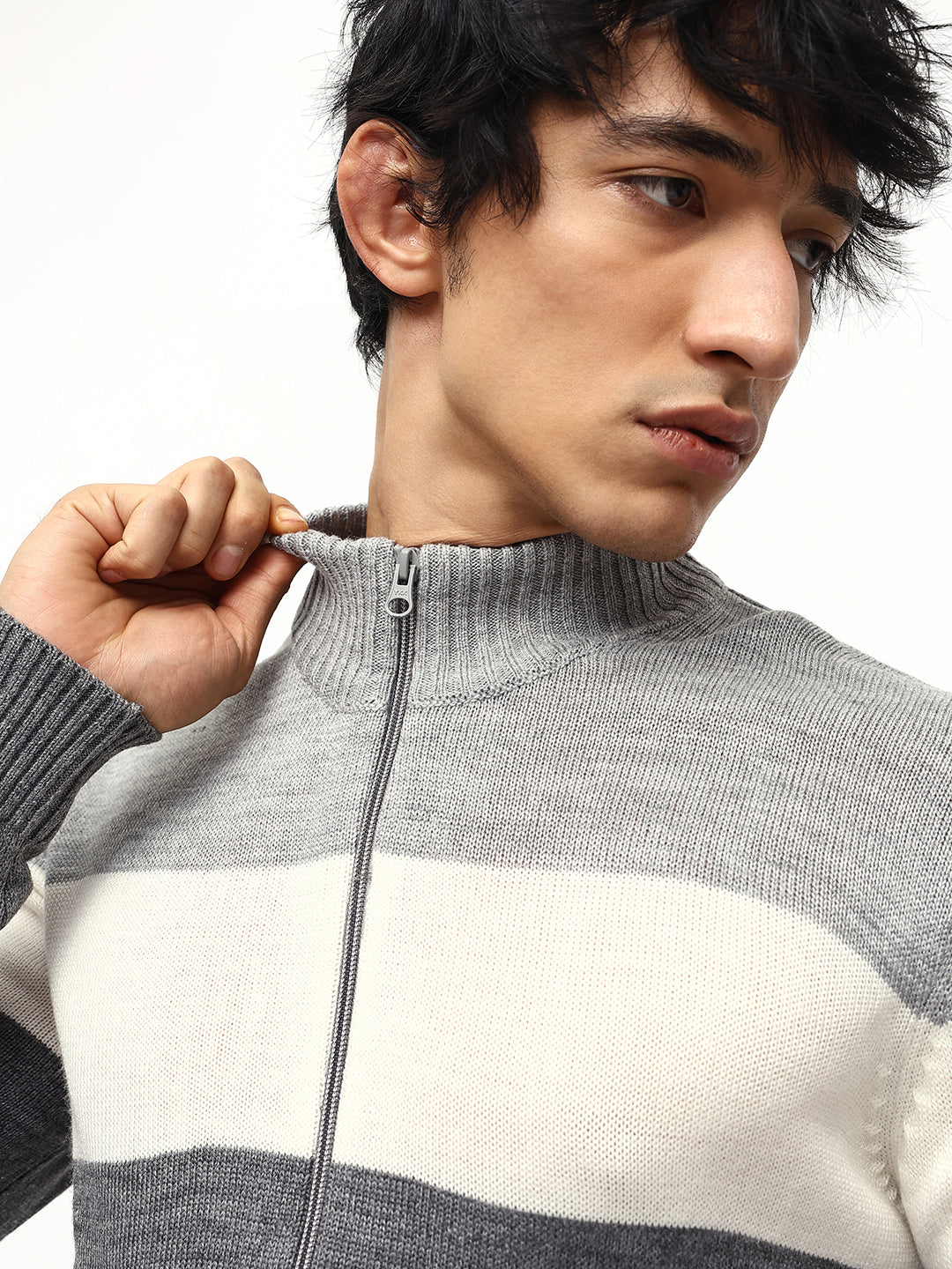 Men's Mock Regular Fit Solid Grey Full Sleeves Sweater