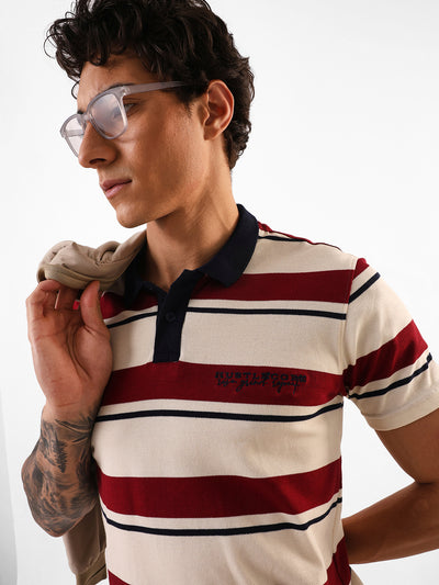 Men's Off White Striped Polo Collar Relaxed Fit T-shirt