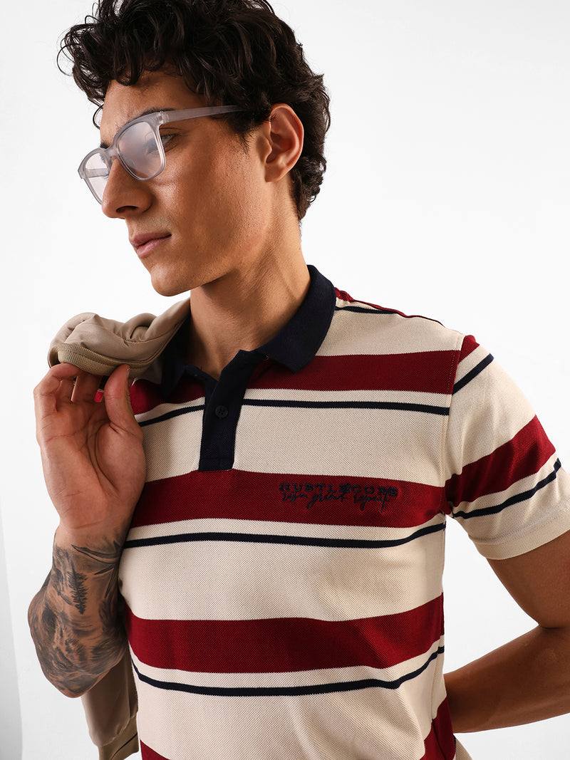 Men's Off White Striped Polo Collar Relaxed Fit T-shirt