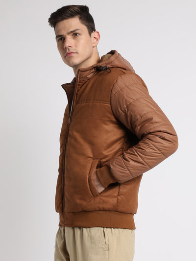 Dennis Lingo Men's Hooded Regular Fit Suede Solid Tan Jackets