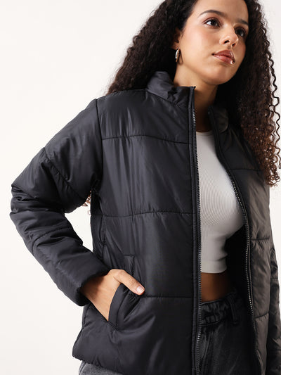 DL Woman Black Solid Mock Collar Full sleeves Puffer Jacket