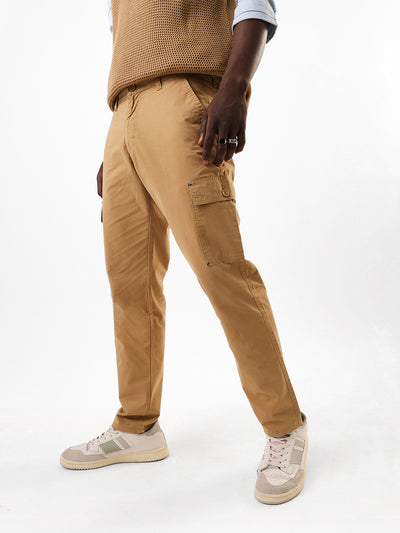 Men's Khaki Solid Slim Fit Cargo Trouser