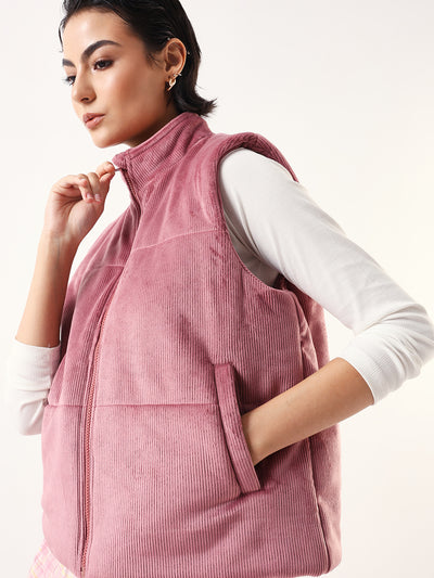 DL Woman Solid Stand Collar Sleeveless Velvet Jacket