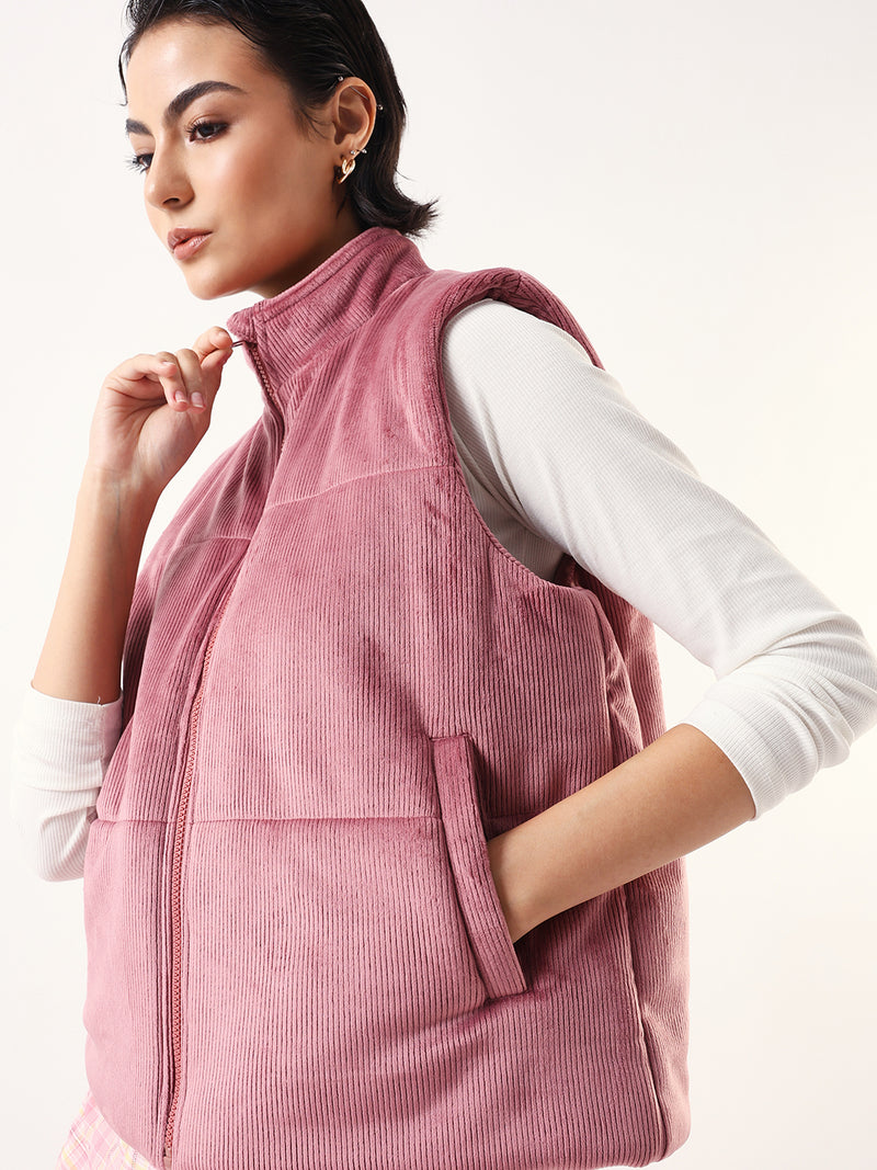 DL Woman Solid Stand Collar Sleeveless Velvet Jacket