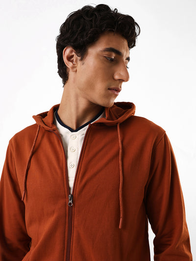 Men's Brown Solid Hooded Front-Open Fleece Sweatshirt
