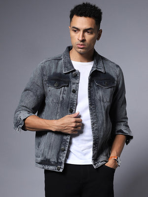 Men's Grey Solid Denim Jacket