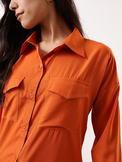 DL Woman Solid Double Pocket Spread Collar Shirt