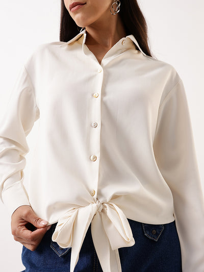 DL Woman Solid Knotted Shirt Collar Top