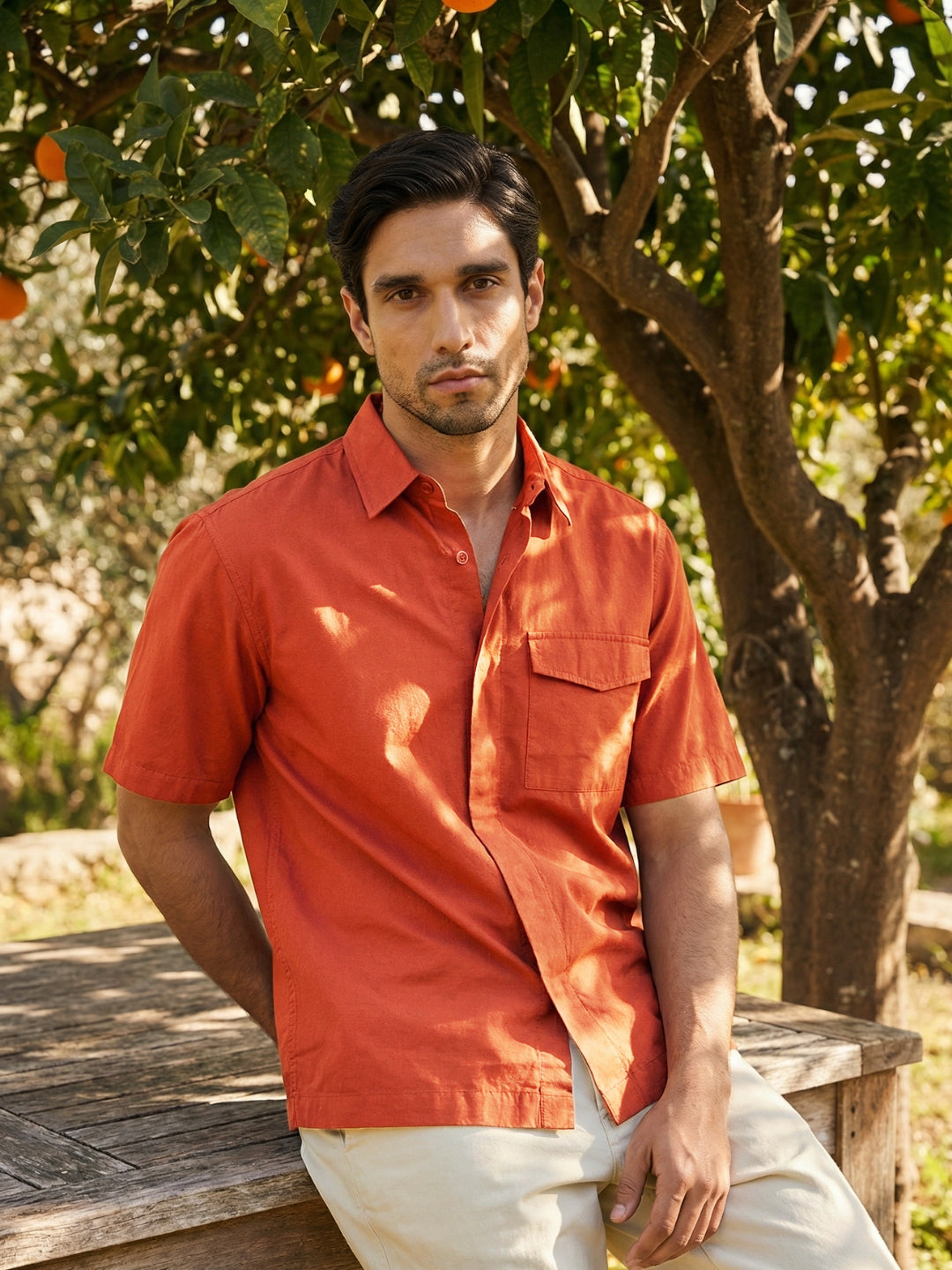 Boxy fit half sleeve cotton blend shirt with patch pocket