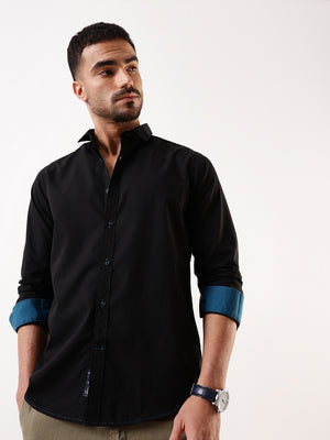 Men Black Solid Spread Collar Full Sleeves Regular Fit Casual Shirt