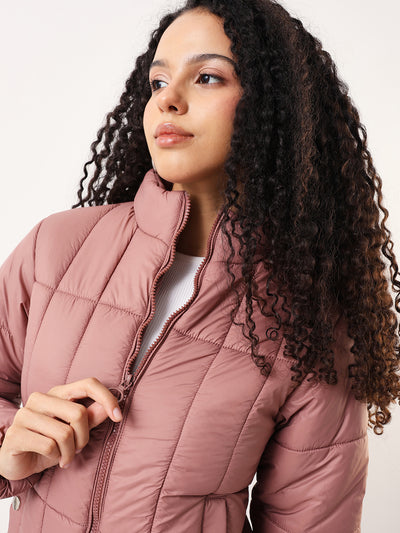 DL Woman Dusty Pink Solid Stand Collar Full sleeves Puffer Jacket