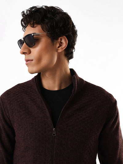 Men's Brown Solid Self Design Mock Collar Front-Open Sweater