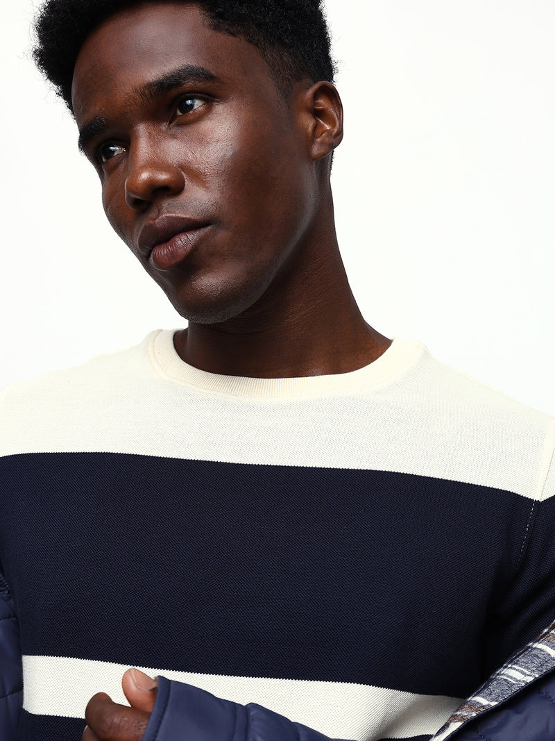 Men's Off White Striped Round Neck Relaxed Fit T-shirt