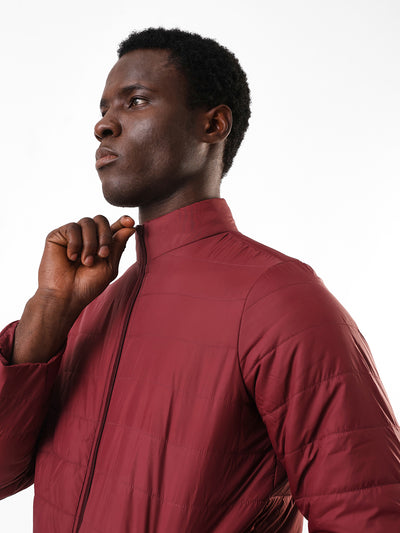 Men's Maroon Solid Mock Collar Full Sleeves Puffer Jacket