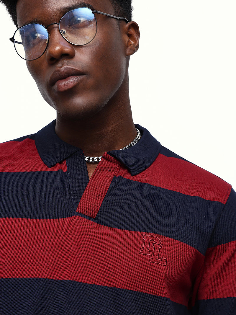 Men's Striped Polo Neck Full Sleeves Relaxed Fit T-shirt