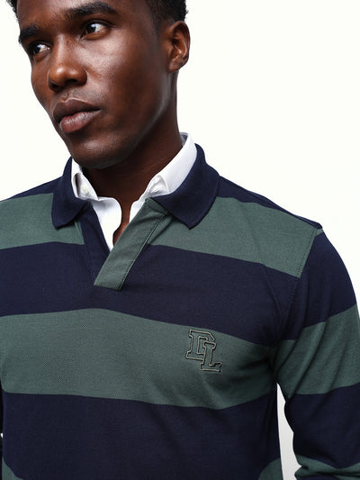 Men's Striped Polo Neck Full Sleeves Relaxed Fit T-shirt