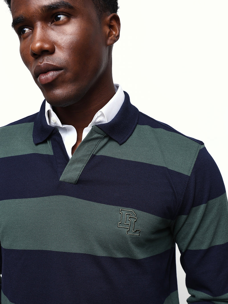 Men's Striped Polo Neck Full Sleeves Relaxed Fit T-shirt