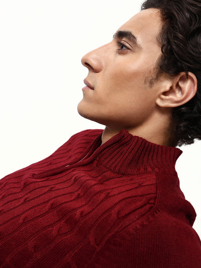 Men's Cable Knit Solid Mock Collar Pullover Sweater