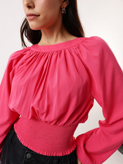 DL Woman Pink Solid Round Neck Elasticated Top