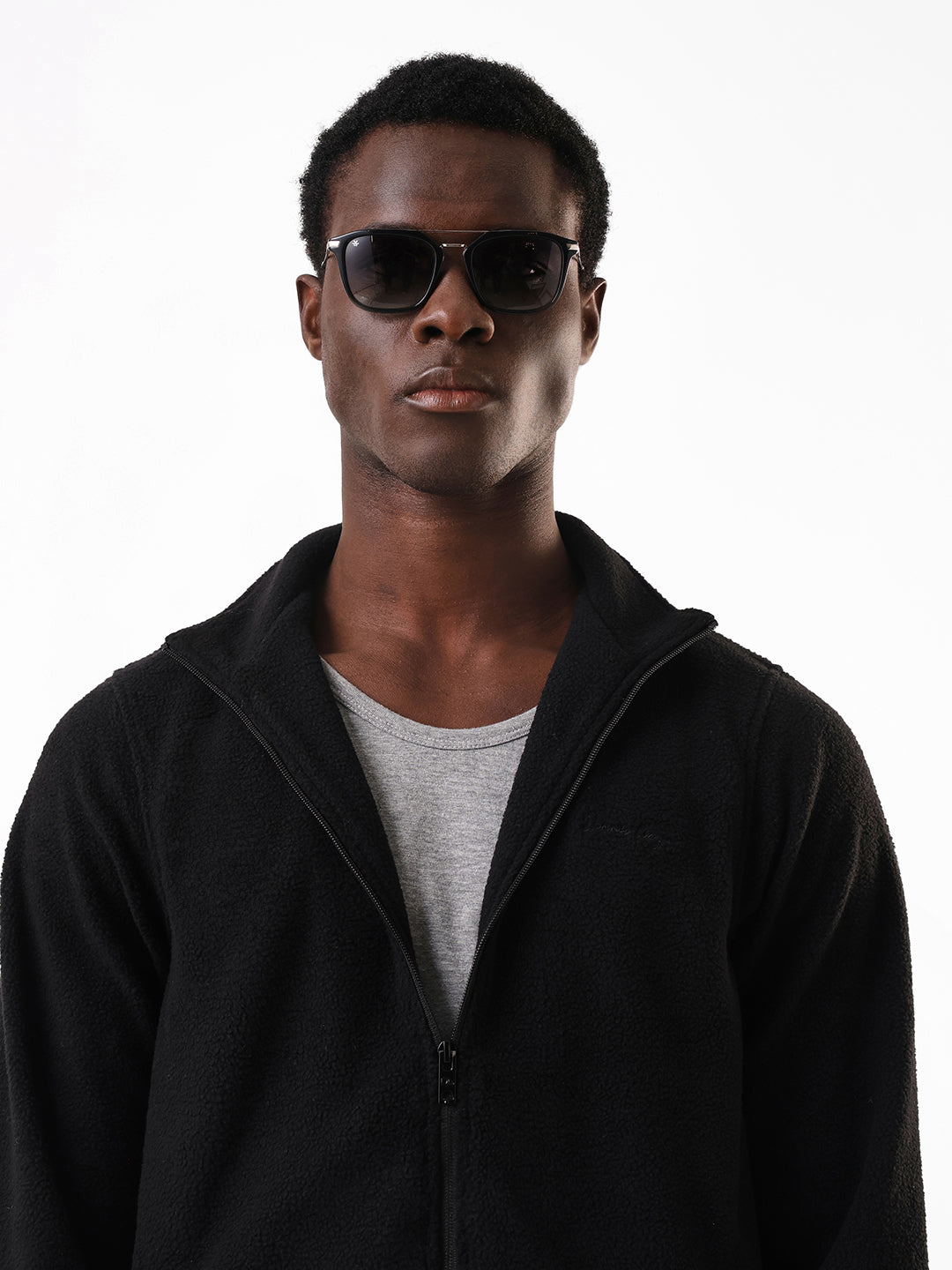 Men's Black Solid Mock Collar Full Sleeves Open Front Jacket