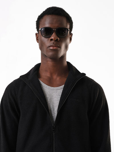 Men's Black Solid Mock Collar Full Sleeves Open Front Jacket