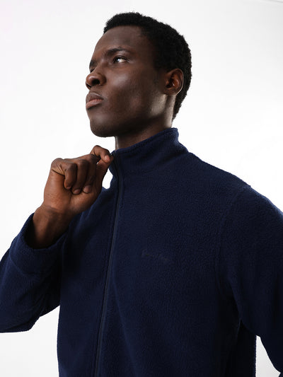 Men's Navy Solid Mock Collar Full Sleeves Open Front Jacket