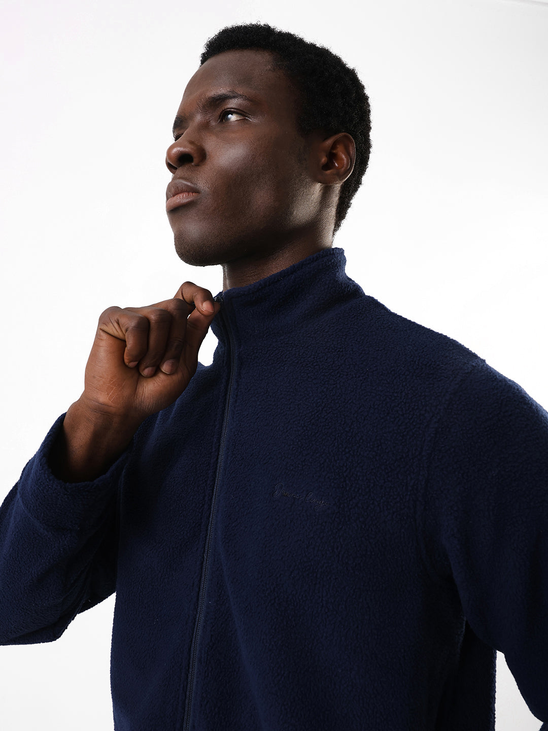 Men's Navy Solid Mock Collar Full Sleeves Open Front Jacket