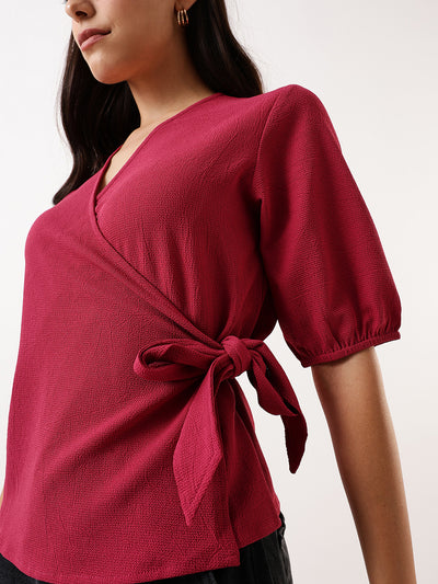 DL Woman Pink Solid Textured V-Neck Half Sleeves Tie-Up Top