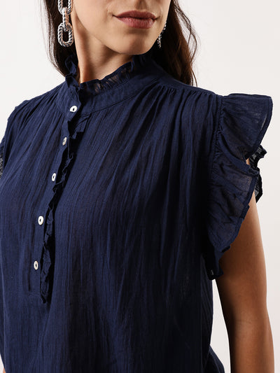 DL Woman Navy Solid Textured Sleeveless Round Neck Ruffle Top