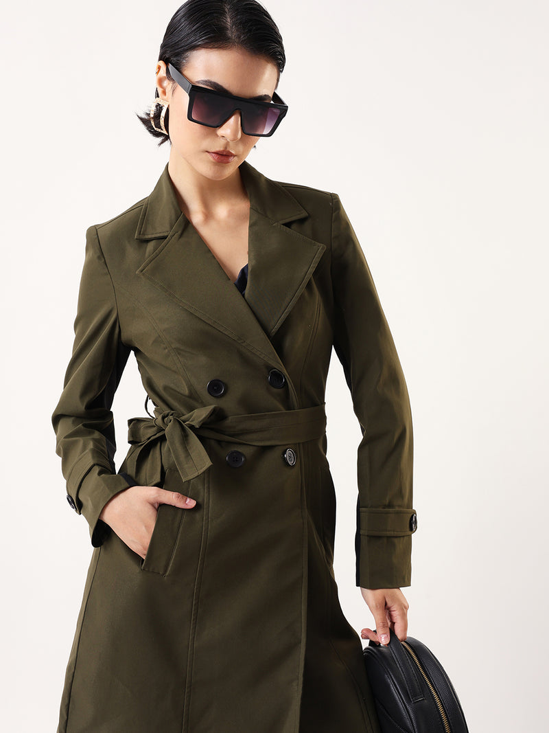 DL Woman Solid Full Sleeves Lapel Collar Trench Coat
