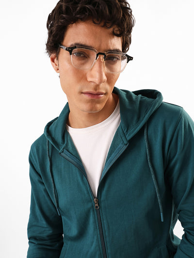 Men's Teal Solid Hooded Front-Open Fleece Sweatshirt
