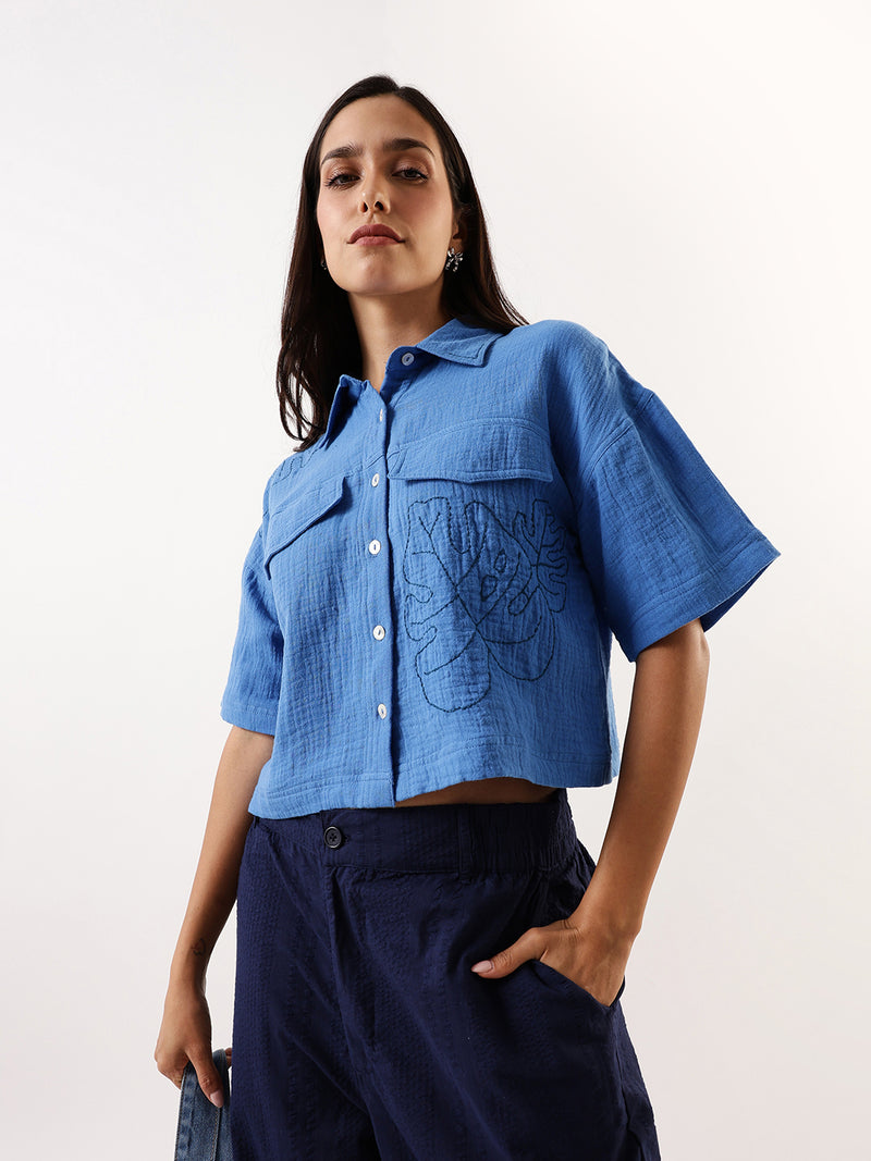 DL Woman Blue Embroidered Half Sleeves Spread Collar Textured Boxy Shirt