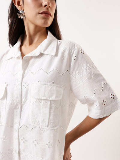 DL Woman White Schiffli Half Sleeves Shirt with Trousers Co-ords