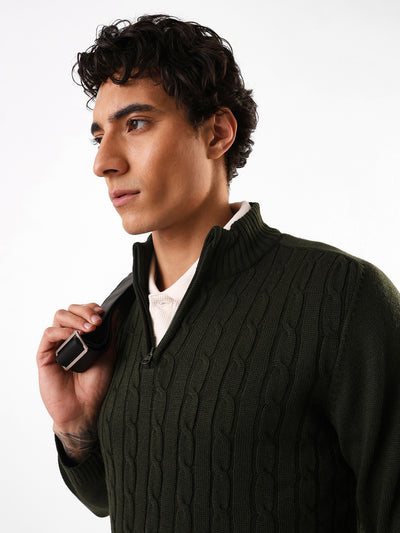 Men's Solid Cable Knit Mock Collar Front-Open Sweater