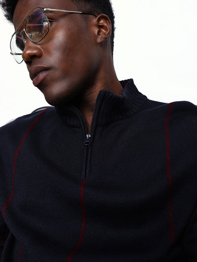 Men's Striped Mock Collar Pullover Sweater
