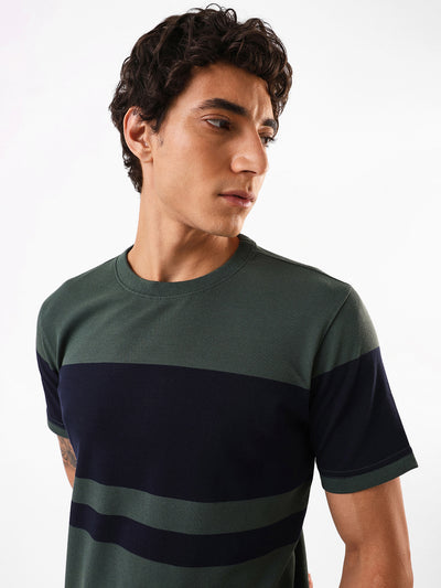Men's Green Striped Round Neck Relaxed Fit T-shirt