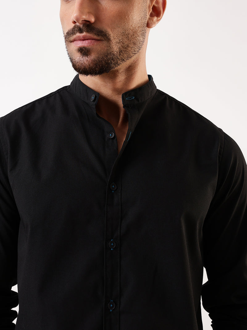 Men Black Solid Mandarin Collar Full Sleeves Regular Fit Casual Shirt