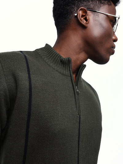 Men's Striped Mock Collar Pullover Sweater