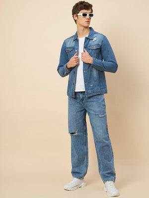 Men's Blue Solid Ripped Denim Jacket - High Star x Dennis Lingo