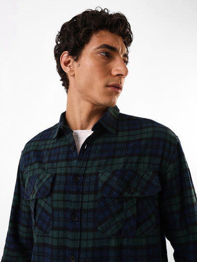 Men's Green Flannel Checks Spread Collar Relaxed Fit Casual Shirt
