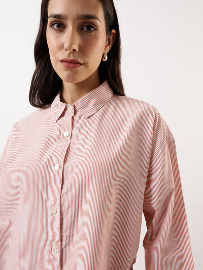 DL Woman Orange Striped Spread Collar Full Sleeves Relaxed Fit Tie-Up Shirt