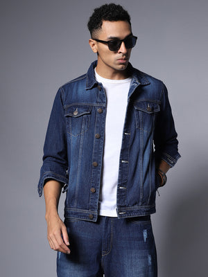 Men's Blue Solid Denim Jacket
