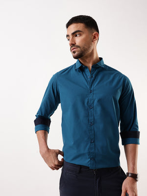 Men's Teal Solid Spread Collar Full Sleeves Regular Fit Casual Shirt