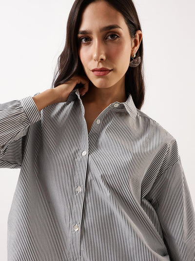 DL Woman Black Striped Spread Collar Full Sleeves Relaxed Fit Tie-Up Shirt