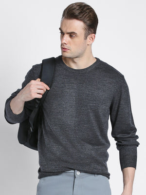 Men's Grey Solid Round neck pullover sweater