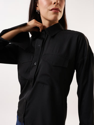 DL Woman Solid Double Pocket Spread Collar Shirt