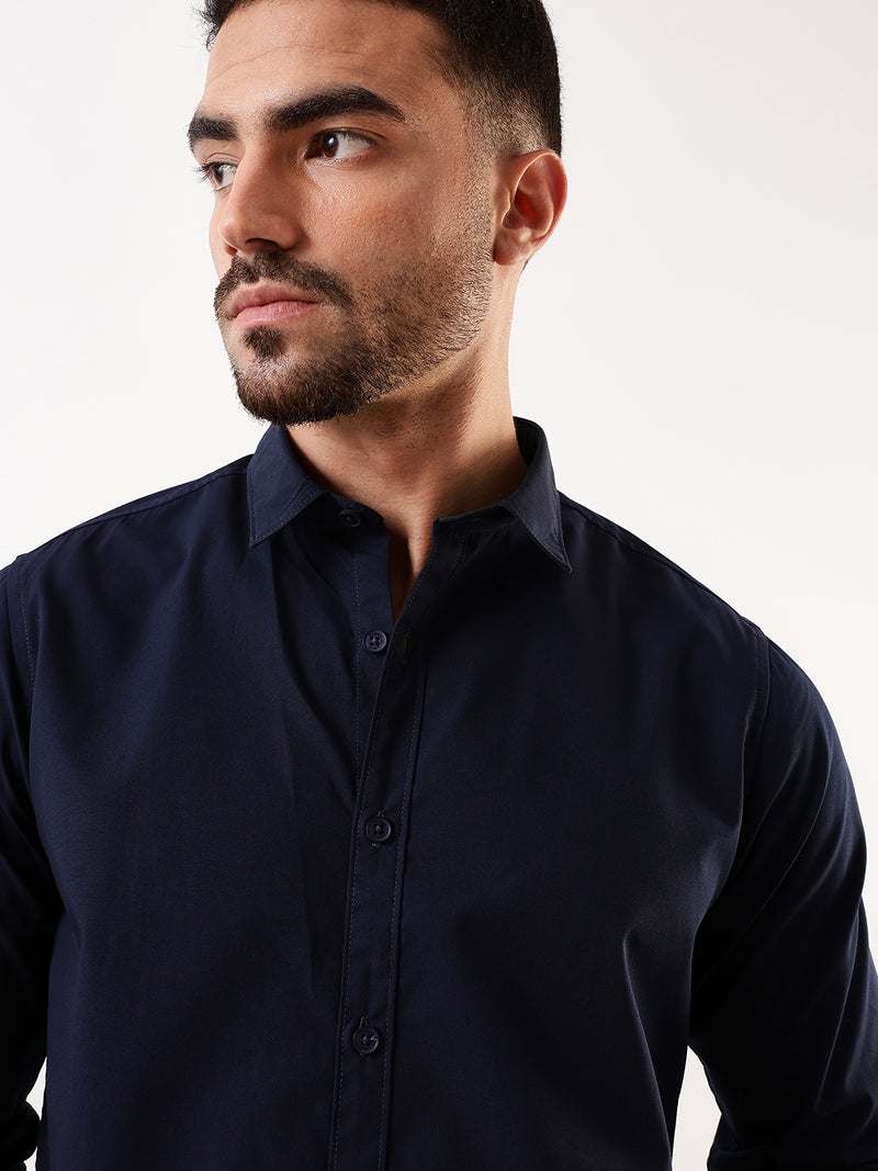 Men Navy Solid Spread Collar Full Sleeves Regular Fit Casual Shirt