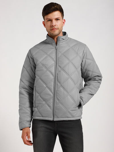 Dennis Lingo Men's Light Grey Solid Quilted High Neck Full Sleeve Puffer W/O hood Jackets